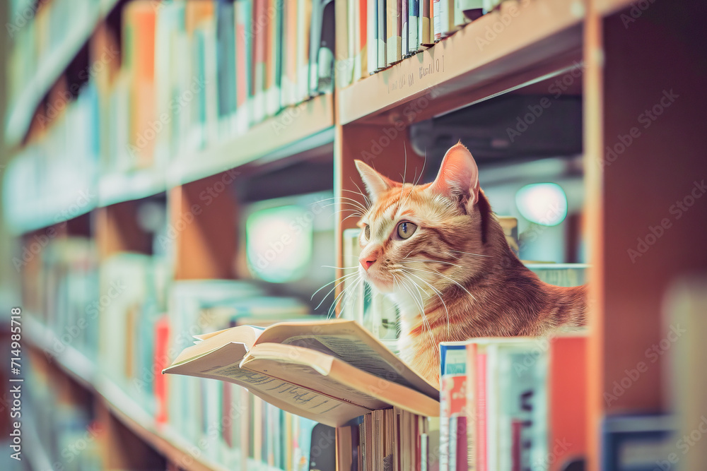 Cat (Felis catus), reading a book, inside a library, National Library Day, April, concept Animals, generative ai
