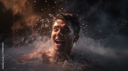 Caucasian man having fun playing in the water. © S photographer