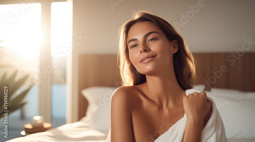 Caucasian woman taking care of her skin in the bedroom. © S photographer
