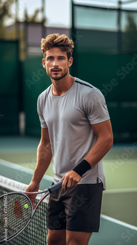 Young Caucasian man is confident playing tennis on the court.