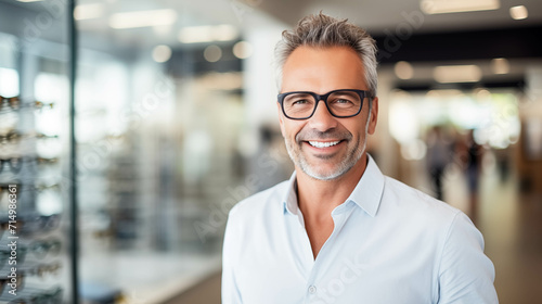 Caucasian man tries on glasses in an eyeglasses store. © S photographer