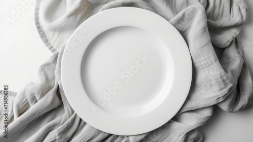 Empty white ceramic plate on a gray linen cloth.