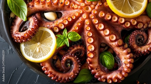 Grilled octopus with lemon slices and basil on a dark slate surface.