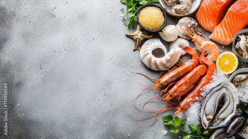 Assorted seafood and spices on a gray background.