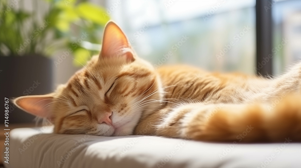 The cat is sleeping happily in the house. The cat is sleeping happily in the house.
