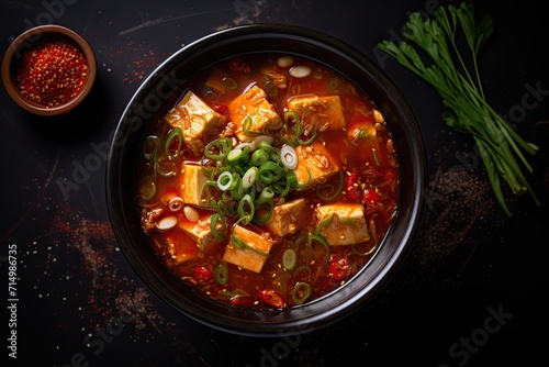 Spicy tofu soup in bowl on dark background