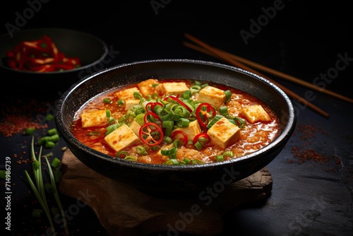 Spicy tofu soup in bowl on dark background