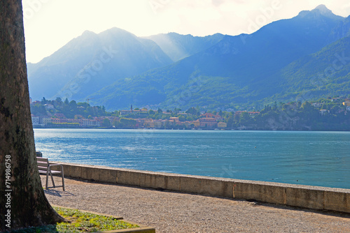 View on the village Valmadrera as seen from the city Lecco at Lake Como in Italy on a bright September day