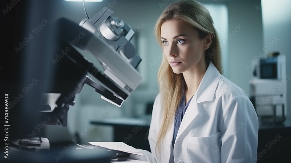 Caucasian woman in gown is having confidence in office science work. Caucasian woman in gown is having confidence in office science work.