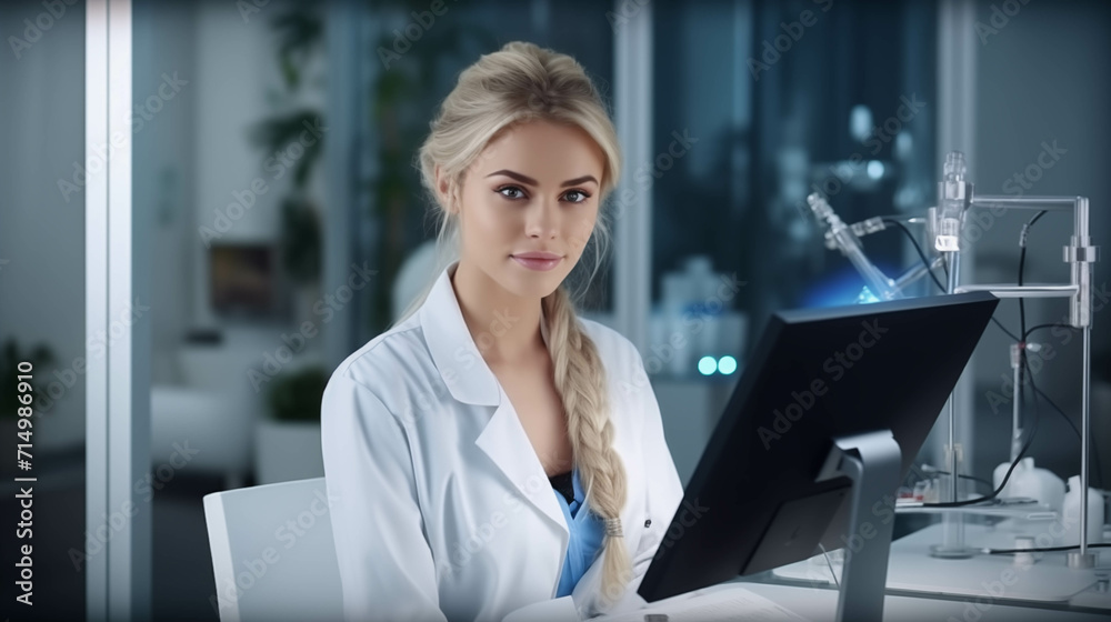 Caucasian woman in gown is having confidence in office science work. Caucasian woman in gown is having confidence in office science work.