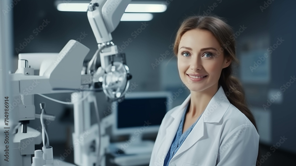 Caucasian woman in gown is having confidence in office science work. Caucasian woman in gown is having confidence in office science work.