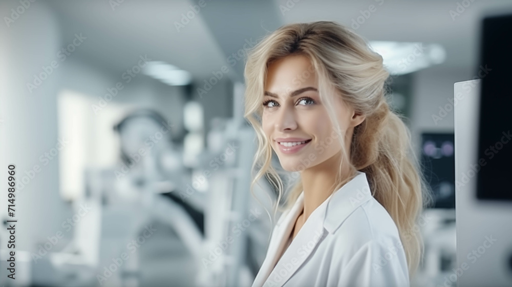 Caucasian woman in gown is having confidence in office science work. Caucasian woman in gown is having confidence in office science work.