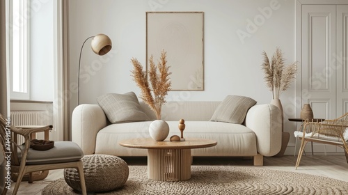 eco friendly home interior house beautiful design ideas concept clean warm space natural material soft touch and techture with decoration frame on beige wall mockup room interior background creation