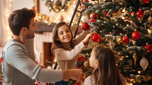 A family decorating a Christmas tree together Generative AI