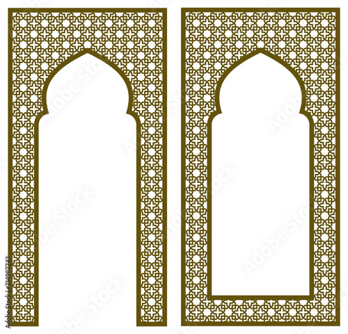 Rectangular frame and arch with traditional Arabic ornament for invitation card.Proportion 2x1.Brown color.	
