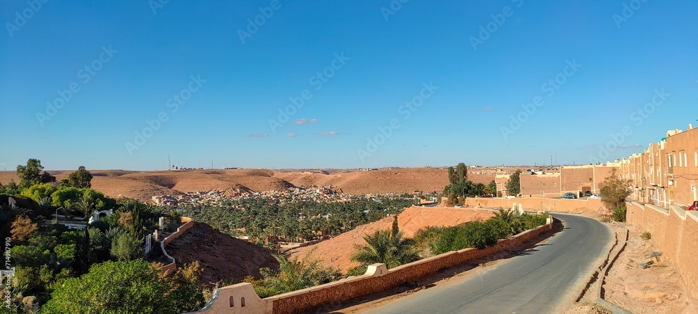Panoramic view  from the beautiful district of Ksar Tafilelt. With its houses made of clay and stones, typical sub-Saharan desert architecture, Ghardaïa, Oasis M'zab, Algeria