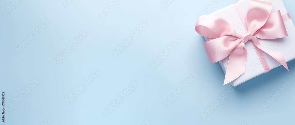 banner pastel colors gift box with elegant pink ribbon on a sparkling light blue background, copyspace for text, spring holidays, valentines day, mothers day and birthday card. - obrazy, fototapety, plakaty 
