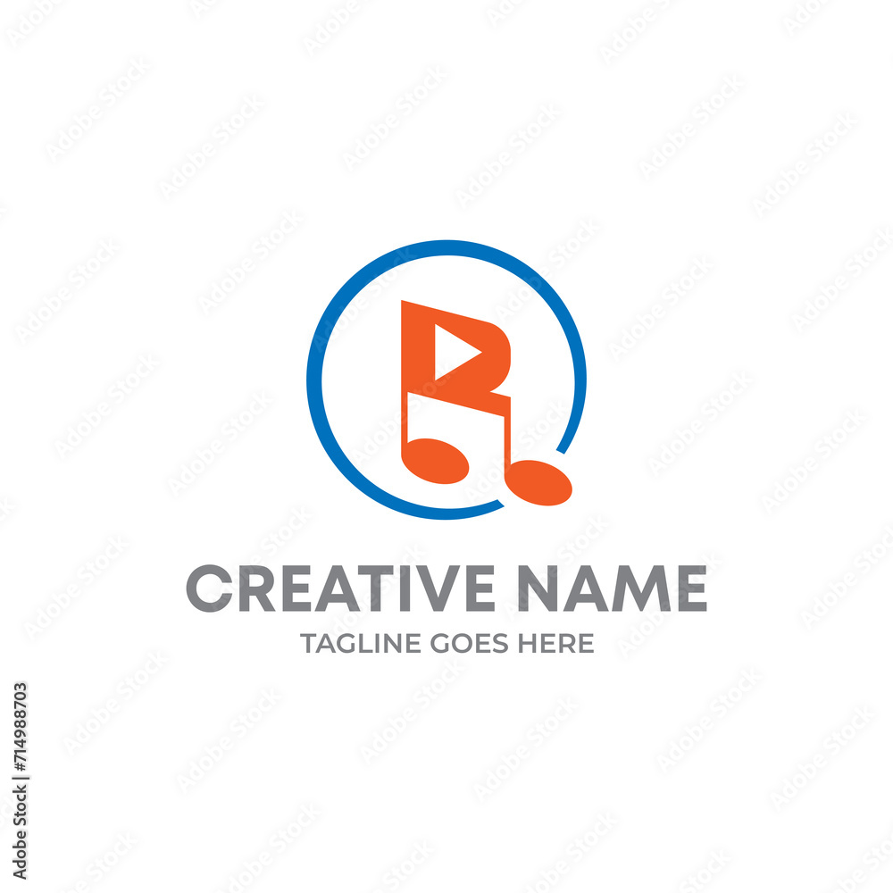 Music note with letter R logo, music logo, play button with musical note logo. Music note with letter R logo, music logo, play button with musical note logo.