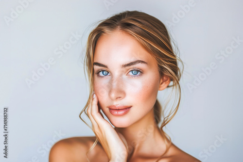 Close-up of a young woman facial skin with clear blue eyes  smooth radiant skin  and natural makeup  exuding elegance  wellness and simplicity. Skincare concept.