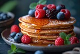 homemade classic pancakes with fresh berries and honey.Sweet homemade pancakes with fruits on a blue plate