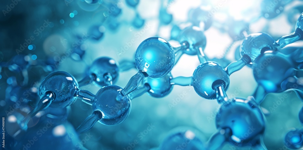 A close-up of blue molecules in a blue background Generative AI