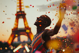 An athlete celebrating winning a sports event. Confetti falling and Paris Eiffel tower in background