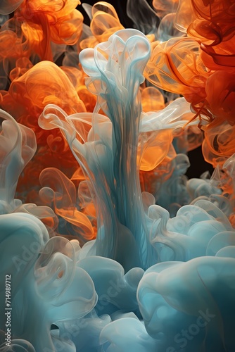 An intricate dance of aquamarine and tangerine liquid tendrils, weaving together in a mesmerizing 3D space, creating an immersive visual experience of dynamic flow.