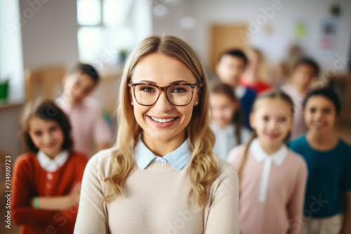 Portrait of smiling teacher woman in a class at elementary school, with students on blurred background