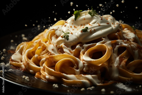 Italian pasta tagliatelle with cream sauce on a black background