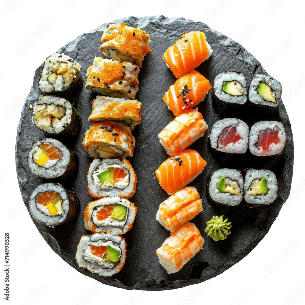 Sushi set on round platter: tuna maki, cucumber maki, salmon nigiri, shrimp nigiri, philadelphia roll, inside out roll. Transparent background. 
