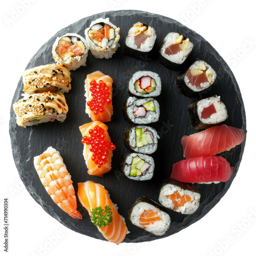 Sushi set on a platter included salmon nigiri, ebi nigiri, tuna nigiri, tuna maki, salmon maki, sushi with caviar, etc. 