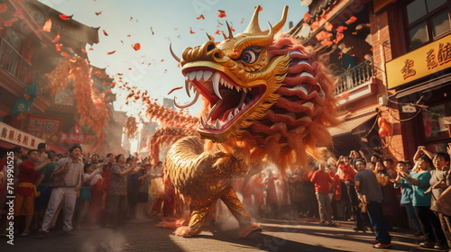 Dragon dance show for Chinese New Year celebration in the city streets