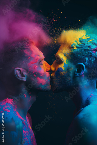 Two men kissing in a glittercore powder dust explosion - Generative AI