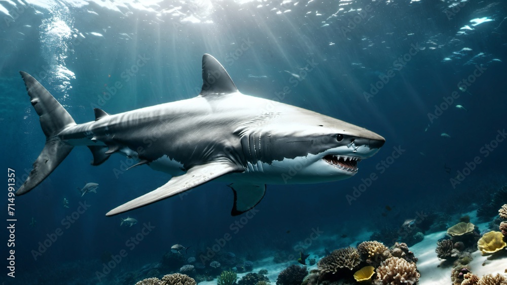 Obraz premium Entre les coraux, un majestueux requin navigue silencieusement, sa silhouette puissante contrastant avec la palette de couleurs des fonds marins, créant une danse gracieuse au cœur de l'océan.