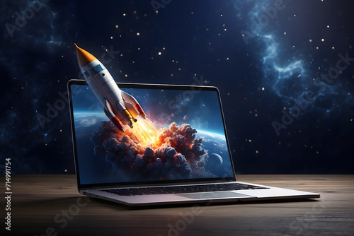 Rocket's Leap: Laptop Launch into the Unknown. Infuse Fantasy and Wonder in a Magical Journey. Symbolic and Captivating. photo