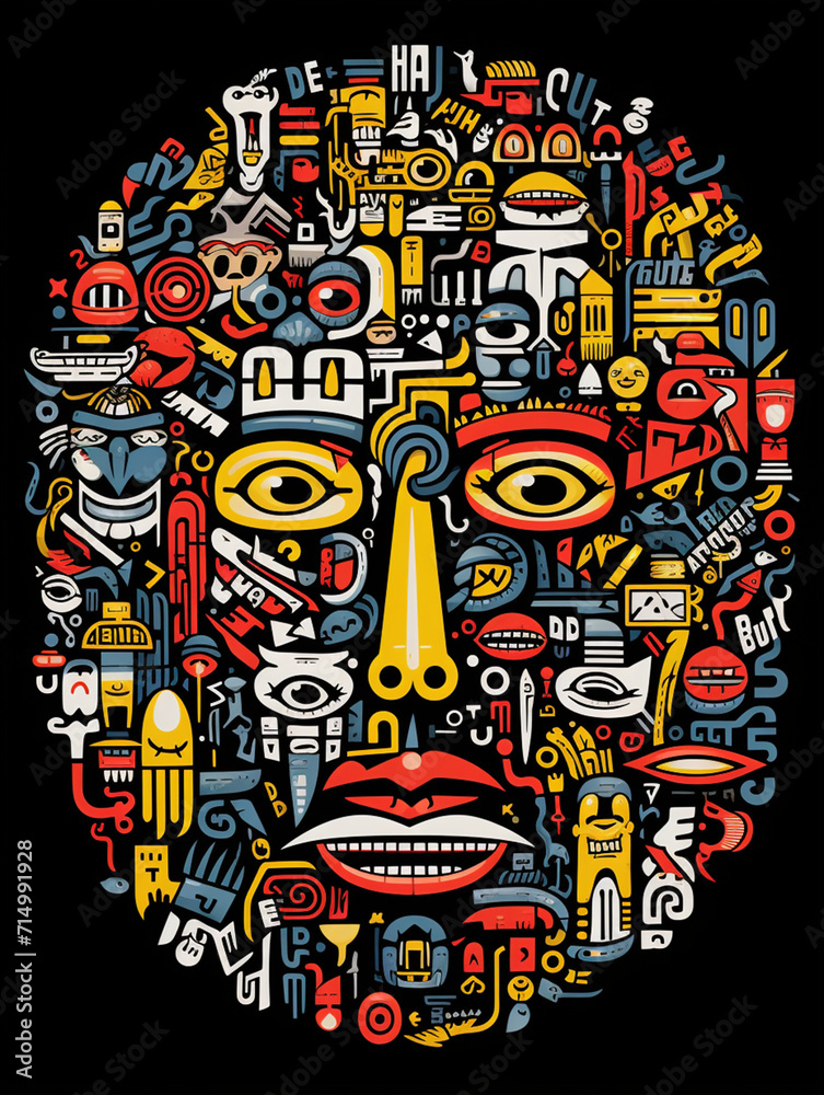Obraz premium T-shirt design, art brut face crowd, art print created with Generative Ai