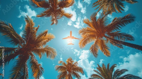 Summer and palm trees with a plane flying in the background, in the style of immersive © YamunaART