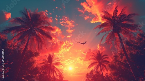 Summer and palm trees with a plane flying in the background, in the style of immersive © YamunaART