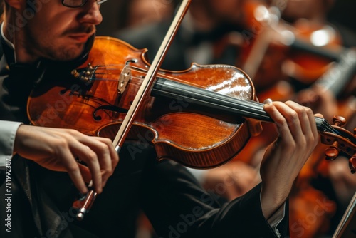 Close up of violinist playing violin with an orchestra