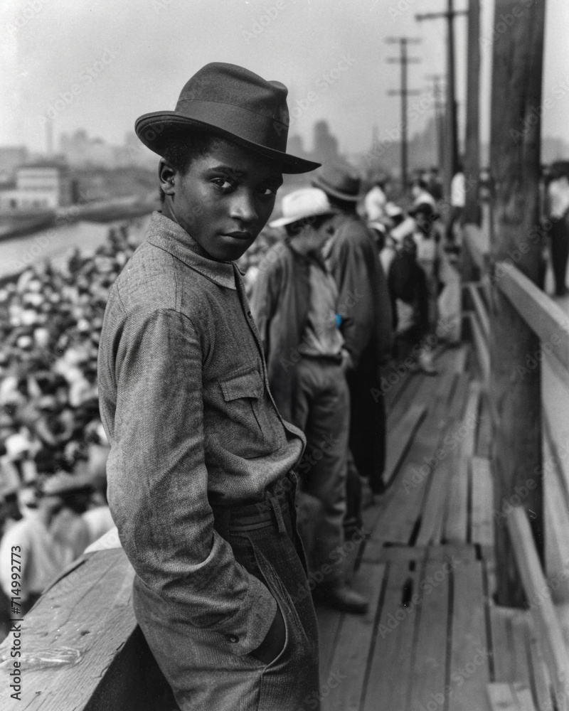 B&W portrait of a young African American man in Coney Island in the 1930's. Pensive and guarded expression and thoughtful emotion.