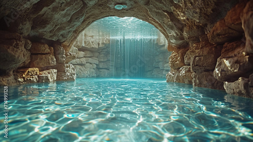 A surreal scene of a pool filled with crystal clear water that magnifies everything beneath,