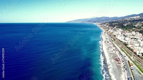 Città di Paola, Cosenza - Vista Aerea della Spiaggia, del mare e del cielo dal alto verso il basso della costa in Calabria photo