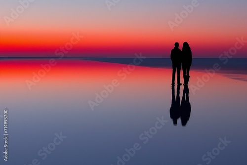Silhouetted Couple Against a Sunset Reflected on Water