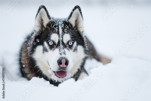 siberian husky funny face in snow © golffy