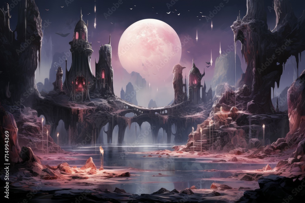 Fototapeta premium Bewitching moonstone fountains in Fantasy - Generative AI