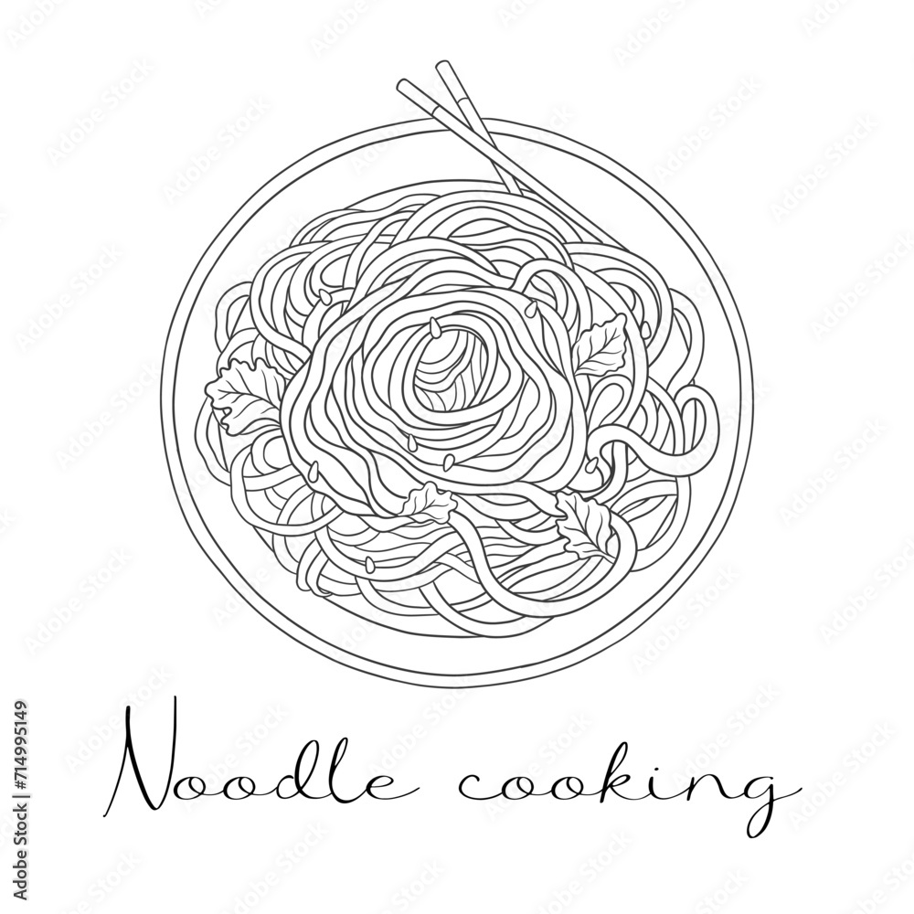 Chinese noodles in a plate with chopsticks. Cooked noodles with green leaves top view. Illustration in outline style suitable for a cafe menu. Chinese noodles in a plate with chopsticks. Cooked noodles with green leaves top view. Illustration in outline style suitable for a cafe menu.