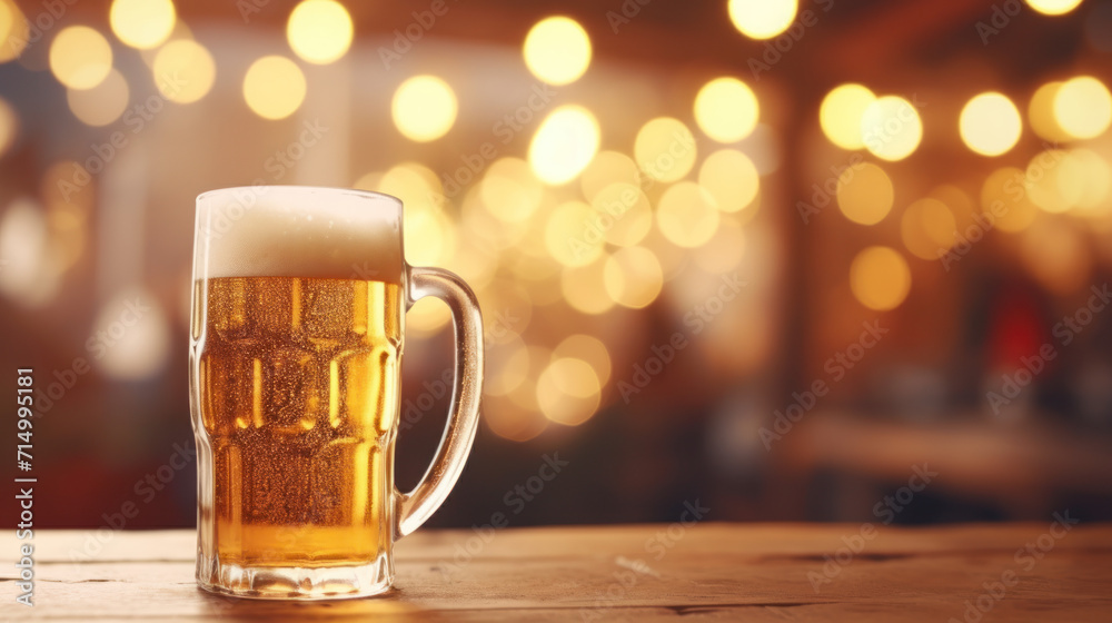 Mug of beer on wooden texture, bokeh lights background. Mug of beer on wooden texture, bokeh lights background.