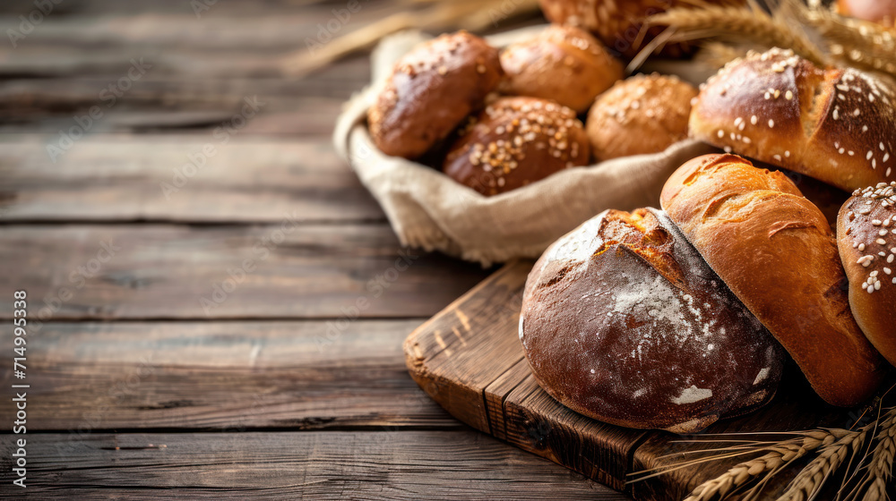 Freshly baked bread and buns on wooden background, banner, copy space. 