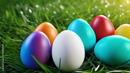Wallpaper Mural Colorfully painted Easter eggs laying on grass. Loopable. AI generated Torontodigital.ca