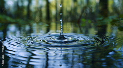 A close-up shot of a water droplet splashing into a calm pond, creating ripples that distort the reflection of surrounding trees. The image captures the delicate balance and interc